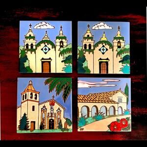 Lot of 4 Prusa Tiles MISSION Tile Trivet Wall Hanging Hand Painted USA